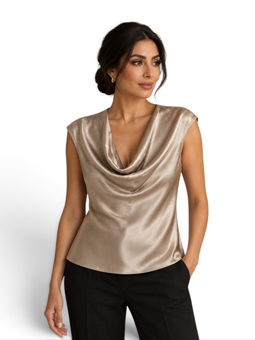 St. John Couture Fall 2012 Champagne Liquid Satin Cowl Neck Blouse Size 8